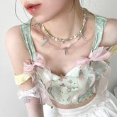 BXOXO French Style Outer Weartank Women's Cropped Top Spring Summer Printing Spandex Material Bow Decoration Strap Vest